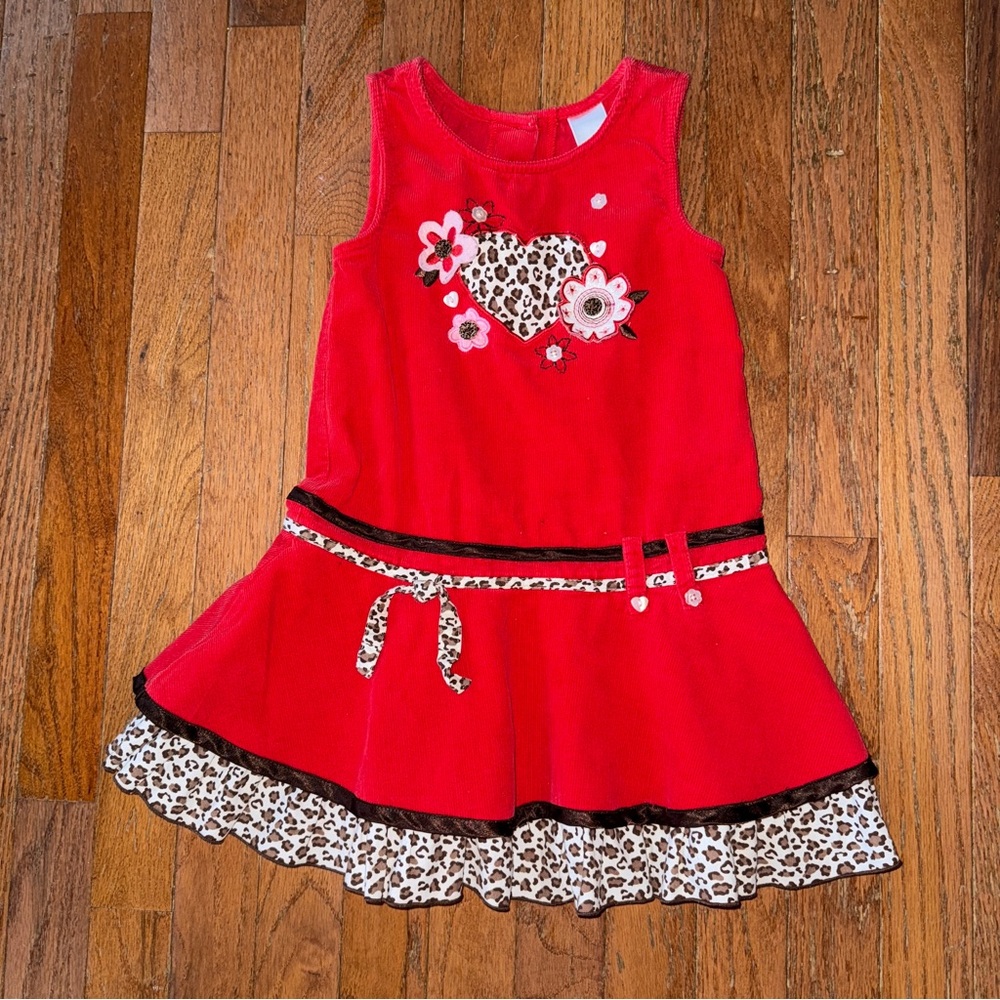 Y2K Red Corduroy Dress with Leopard Print Accents and Floral and Heart Appliqué